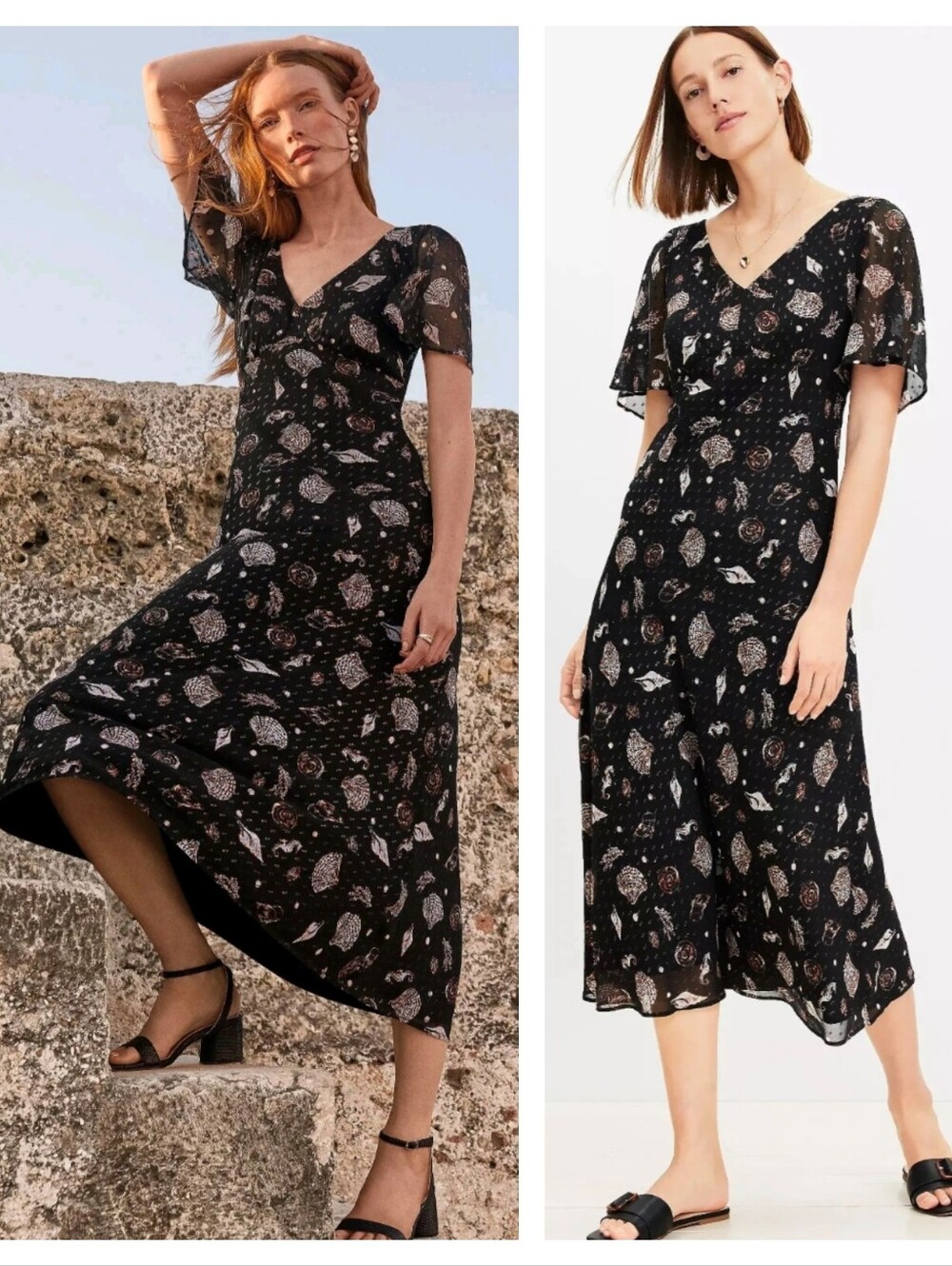 LOFT Midi Dress Black Seashell Shell Print Metallic Clip Dot Flutter Size 6P
